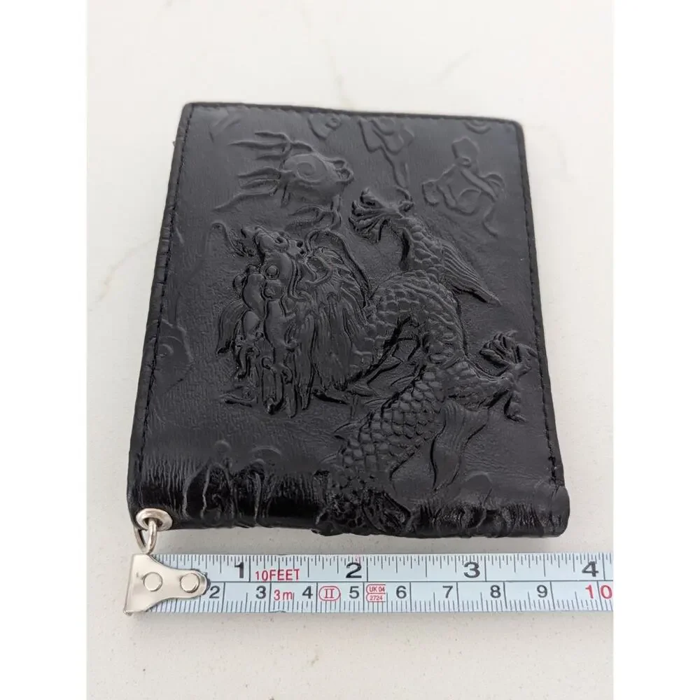 Mens Dragon Black Leather Bifold Wallet W/Metal Ring Asian Style Rock Retro EUC